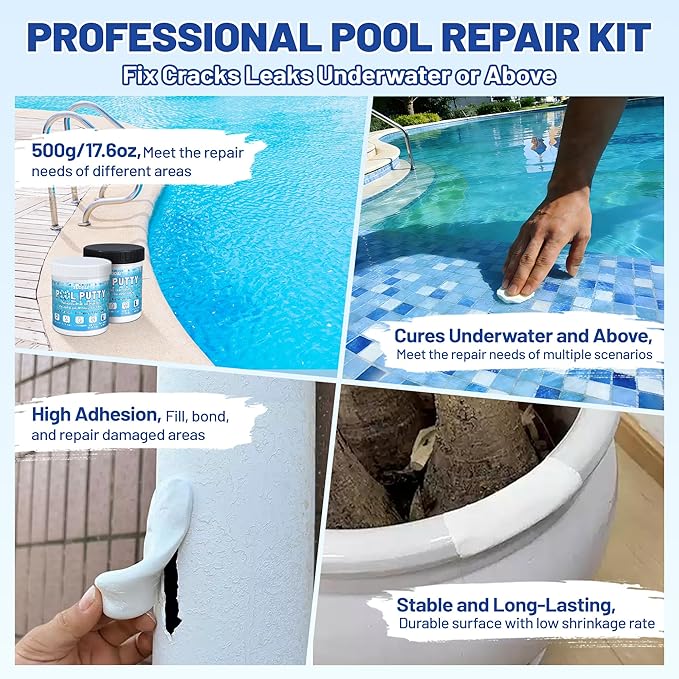 Pool Putty, 17.6oz/500g 2 Part Epoxy Pool Putty for Underwater or Above-Water Crack Leak Filling and Repair, Sealing and Repair of Holes and Damage in Fiberglass, Concrete and Tile Surfaces (White)