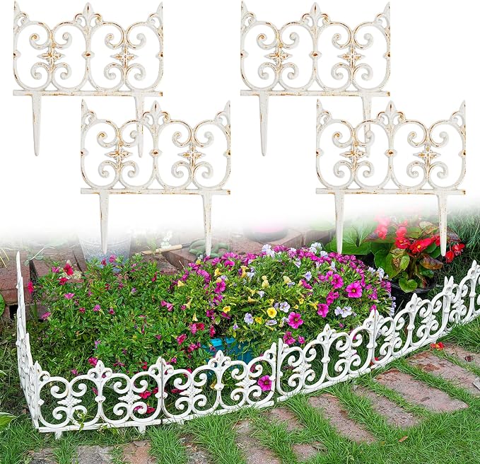 Sungmor Decorative Cast Iron Garden Edging, 4 Pack Rustic White Victorian Garden Edging Landscape Border, Vintage Metal Yard Stake Low Picket Fence, 10.6" Tall Outdoor Flower Bed Lawn Fence Panels