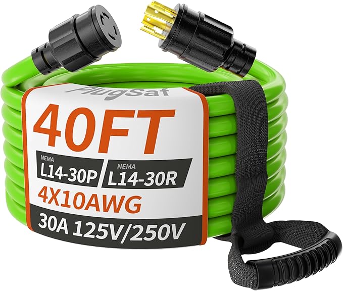 PlugSaf 40FT 30 Amp Generator Extension Cord 4 Prong, NEMA L14-30P/L14-30R 10 Gauge STW 125/250V Twist Lock Generator Cord Heavy Duty, Green ETL Listed