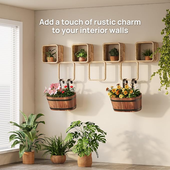 2pcs Railing Planter Boxes Wood Hanging Flower Pots for Railing Fence Outdoor Balcony Planters for Wall Window Flower Box Hanging Bucket Pots Countryside Plant Holder (Brown,2pcs,Small)