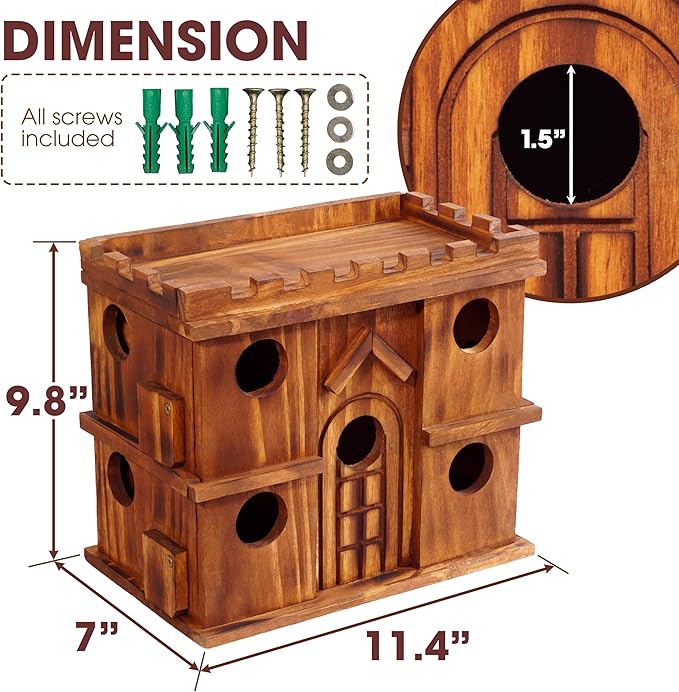 MIXUMON Wooden Bird Houses for Outside – 9 Rooms Large Bird House, Carbonized Pine Rustic Finish, 1.5" Entrance Holes, Cleaning Doors, Outdoor Birdhouse Nesting Box (Rustic, 9 Rooms)