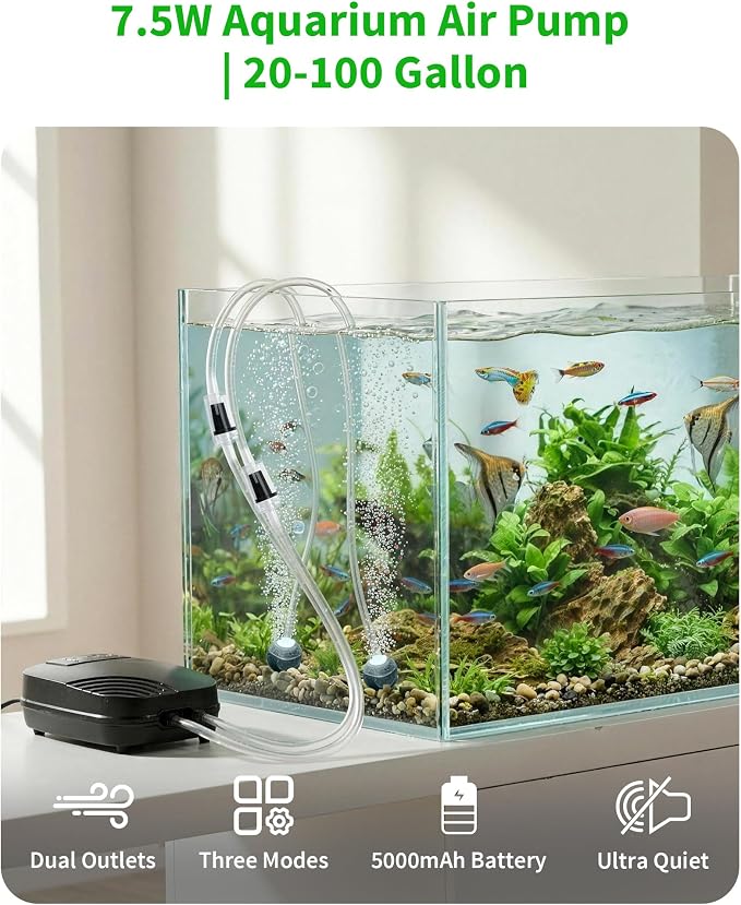 POPOSOAP 7.5W Aquarium Air Pump with Built-in 5000mAh Backup Battery, Dual Outlet Ultra Quiet Fish Tank Air Pump, 3 Modes Electric Pond Aerator for Aquarium, Pond, Hydroponics Up to 100 Gallons P8075