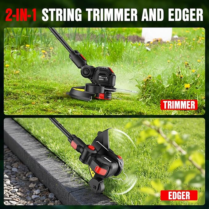 EWORK Weed Wacker Cordless 20V 12-Inch Weed Eater Battery Powered with 2×2.0Ah Batteries & Fast Charger Electric Weed Trimmer, Lightweight String Trimmer for Lawn Trimmer and Grass Edger Cutter