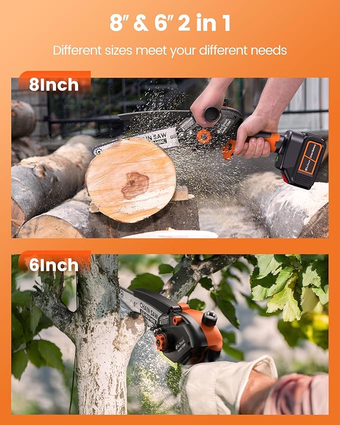 Electric Mini Chainsaw for Pruning Small Trees with 2pcs 4000mAh Batteries, Brushless 8 inch & 6 inch Portable Hand Saw, 1500W Handheld Chain Saw for Wood Cutting, Gardening Gifts for Mother’s Day