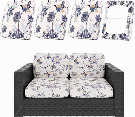 hyha 4Pcs Patio Cushion Covers, Stretch Outdoor Couch Cushion Covers, Washable Outdoor Chair/Sofa Slipcovers for Patio Furniture Cushions Protector with Elastic Bottom(Vintage Flower,Cover Only)