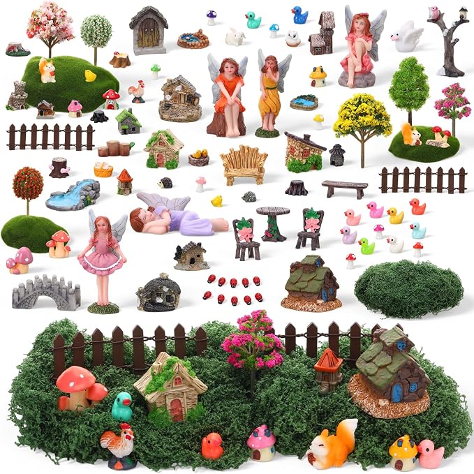 100 Pcs Fairy Garden House Resin Kit Glowing Tree House Miniature Garden Fairy Animals Garden Accessories Decor Outdoor Mini Landscape Ornaments