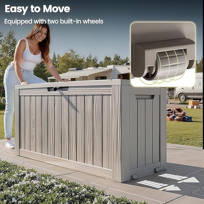 75 Gallon Outdoor Storage Box, Waterproof Resin Deck Box for Patio Cushions & Gardening Tools, Lockable Indoor/Outdoor Storage Bin, Stylish Grey Design