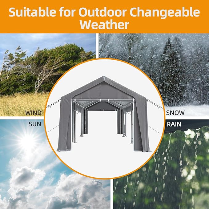 13x20FT Heavy Duty Carport Canopy 4 Roll-Up Doors & 4 Windows Portable Garage All-Season Outdoor Storage Shed for Car Truck Boat Shelter Party Tent, Gray