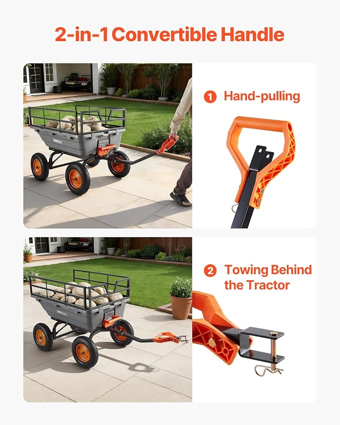 VEVOR Garden Dump Cart 1500lbs 15 Cu.Ft, Heavy Duty Wheelbarrow with Convertible Handle and 16" Flat Free Tires, Outdoor Yard Wagon ATV Trailer Dump Cart Tow Behind for Lawn Mower Tractor