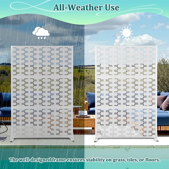 Outdoor Privacy Screen Metal Privacy Fence Freestanding Screen Fence, Decorative, Weather-Resistant, Privacy Protection, 72’’H×47’’W, White (3 Panels)