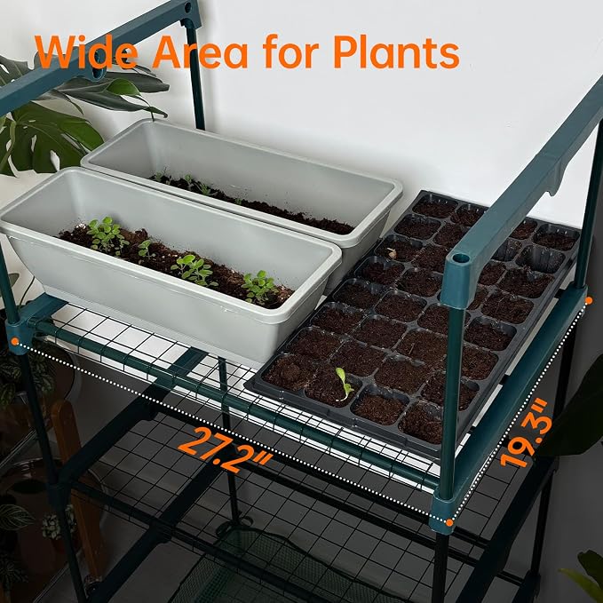 Bstrip Indoor Greenhouse with Grow Lights, PVC Tent with Waterproof Base Mat, Airflow Windows&Zippered Door, 4Pcs Grow Lights for Seed Starting with Timer, 4-Tier Greenhouse Shelf 27.2x19.3x61.8in