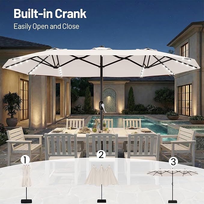 AreShark 13 FT Patio Umbrella with Solar Lights, Double-Sided Outdoor Table Umbrellas with Crank, Large Rectangular Market Umbrella for Porch, Lawn, Pool, Backyard, Cream-White