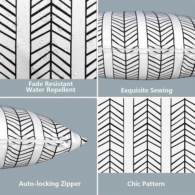 LVTXIII 2 Pack Outdoor Pillow Covers ONLY 18x18 Inch, Water-Repellent Square Decorative Cushion Covers for Patio Furniture, Garden, Sofa, Herringbone Black White