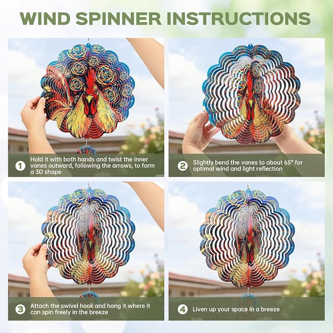 Rooster Wind Spinners Outdoor for Mother's Day, IDEA SHOW 12In Stainless Steel Wind Spinners, 3D Kinetic Hanging Sculpture, Rustproof Metal Garden Decor Ornaments for Yard Art, Women, Men, Holidays
