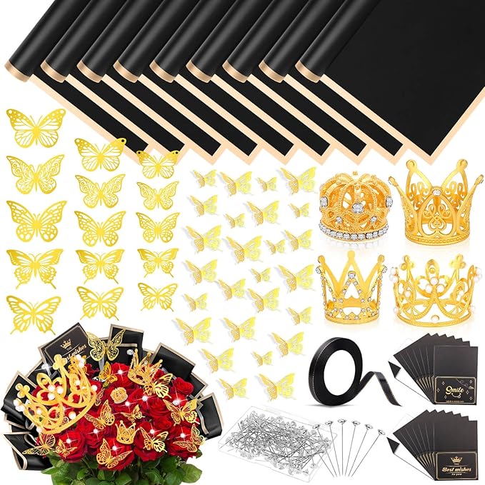 Tetutor 180pcs Waterproof Flower Wrapping Paper Kit, 20 Sheets Floral Wrapping Paper Bouquet With Ribbons Flower Pins 3d Butterflies and Crowns for Florist Wrap Back