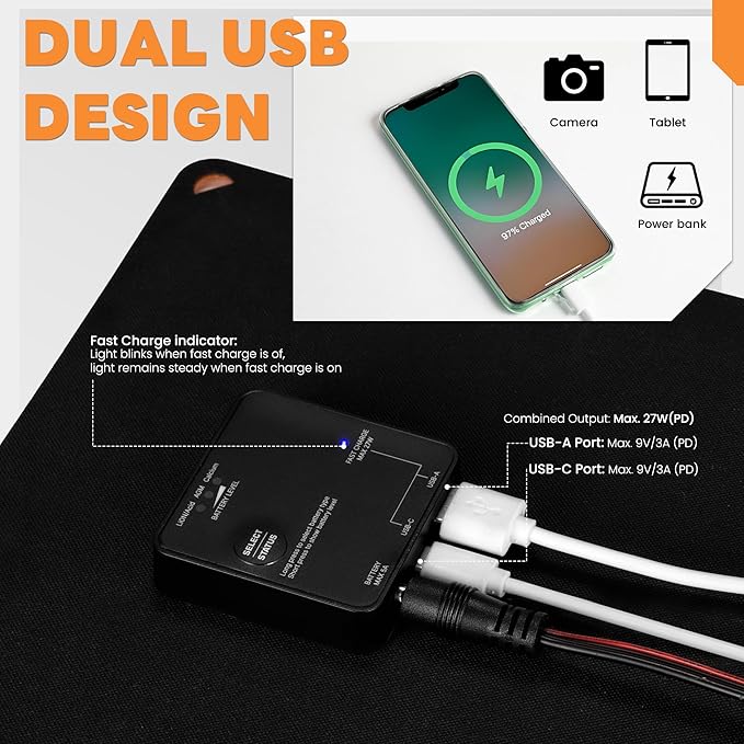 FieryRed 10W 12V Solar Panel Car Battery Charger & Maintainer, Waterproof Trickle Charger with Built-in Controller, Cig Plug, Alligator Clips, USB-C, USB-A Outputs for Car, Boat, RV, Tractor