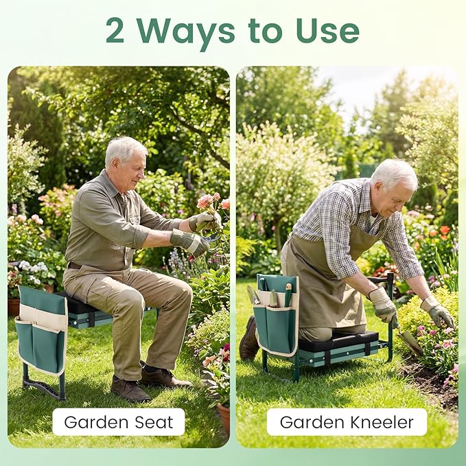 2-in-1 Garden Kneeler and Seat, Folding Garden Seat w/EVA Foam Kneeling Pad & Removable Tools Pouch, Sturdy Steel Frame, No Assembly, Portable Heavy Duty Garden Stool w/Detachable Armrests