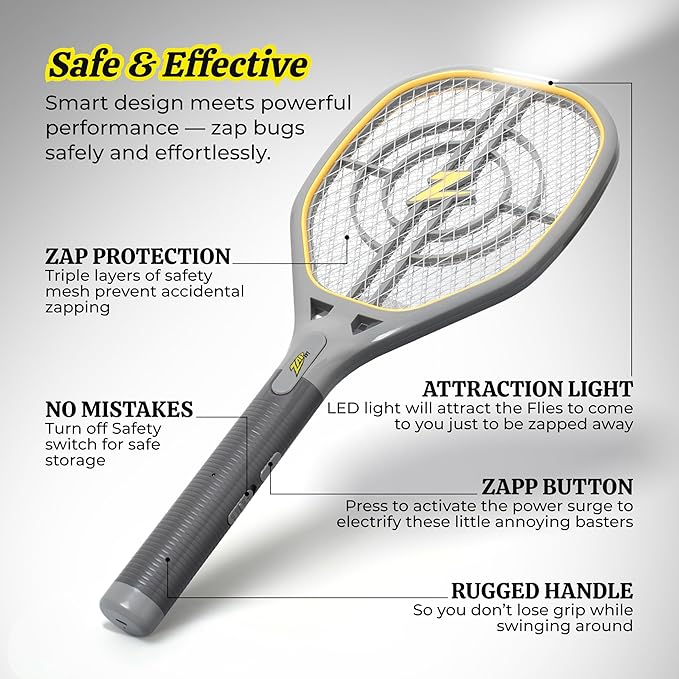 ZAP IT! Rechargeable Electric Fly Swatter Racket - 4,000-Volt Mosquito Zapper with USB Charging and LED Light - Large - Safe 3-Layer Mesh Bug Zapper Racquet for Indoors and Outdoors - Yellow