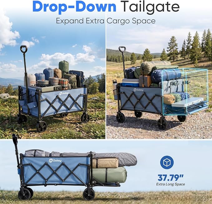Sekey Collapsible Wagon Cart with Drop-Down Tailgate, 300 lb Capacity