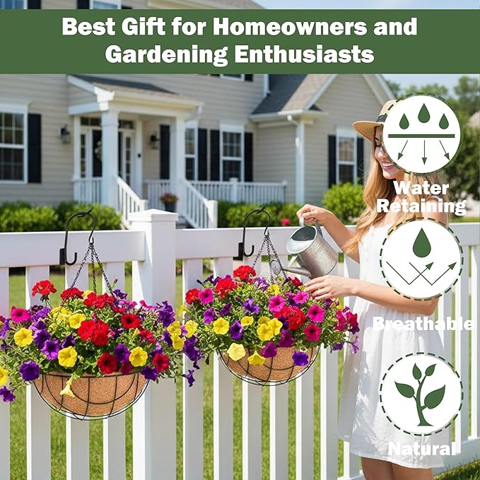 4 Pack 14 Inch Hanging Baskets for Plants Outdoor Metal Hanging Planter Basket with Coco Coir Liner Hanging Flower Baskets Hanging Flower Pots Holder for Garden, Patio(Earth)