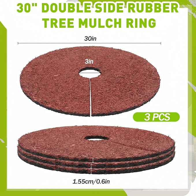 Peryiter 3 Pcs Double Side Rubber Mulch Tree Ring Heavy Duty Rubber Mulch Mat Tree Protector Weed Barrier Mats Reversible Round Root Ring for Prevent Weed Grass Animal Dig(30 Inch,Brown and Black)