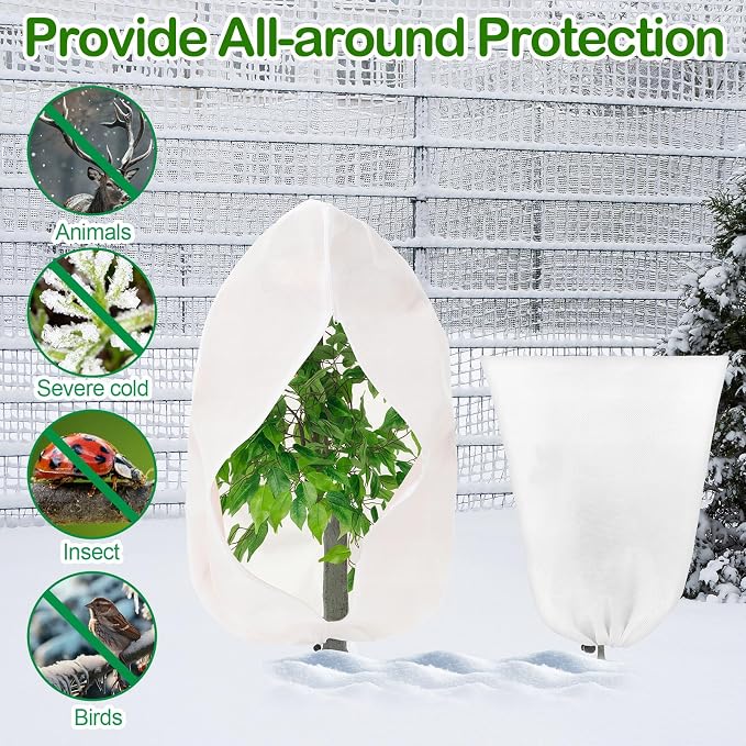 12 Pack Winter Plant Covers Freeze Protection 2 Size 47" x 32" and 24" x 32" Winter Frost Cloths Blankets with Zipper Drawstring Tree Covers for Outdoor Plants Shrubs Potted Trees (White)