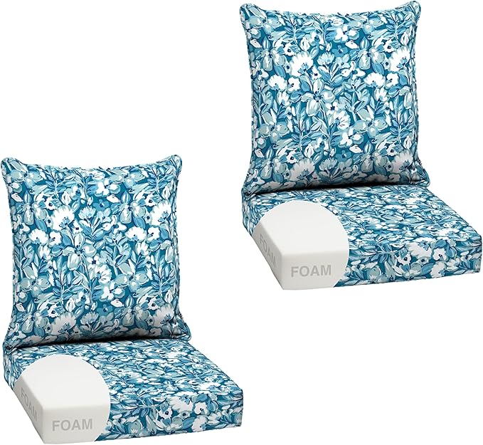 Arden Outdoor Foam Deep Seat Cushion Set (2-Pack), 24x24, Premium High-Density Foam, Never Flattens, Weather-Proof for Patio Chair Sofa Couch, Aqua Blue Fusion Floral