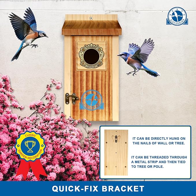 SISTERBIRD Preminum Bluebird Houses for Outside, Wooden Bluebird House, Birdhouses for Outdoors Courtyard, Festival Bird Nesting, Assembly Bird Box, Bluebird Finch Swallow Wren Chickadee