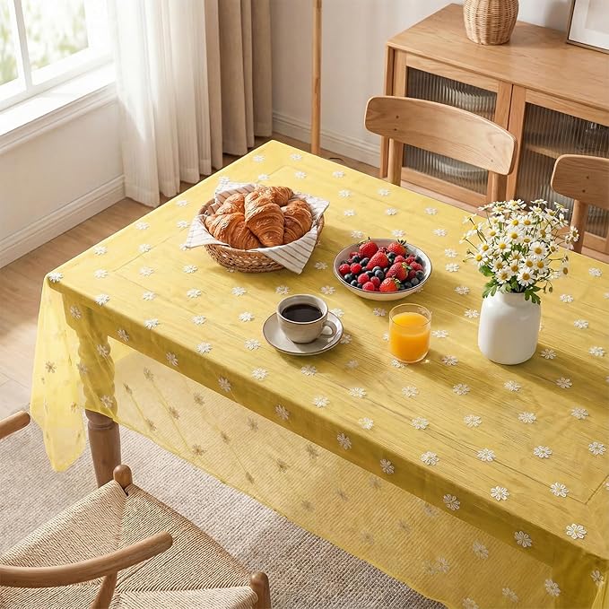 Horaldaily Yellow Embroidery Daisy Spring Summer Gauze Tablecloth 60×120 Inch Rectangular, Seasonal Tulle Table Cover, Garden Party Decorations for Wedding, Party, Holiday Dining