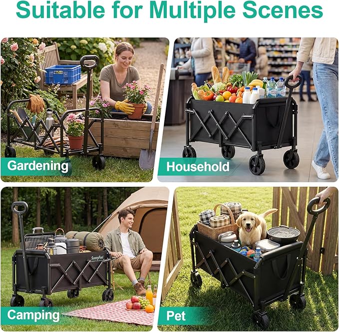 SUNNYFEEL Lightweight Folding Wagon Cart, 350LBS Portable Wagon Carts Foldable for Shopping Camping Garden Beach,Black