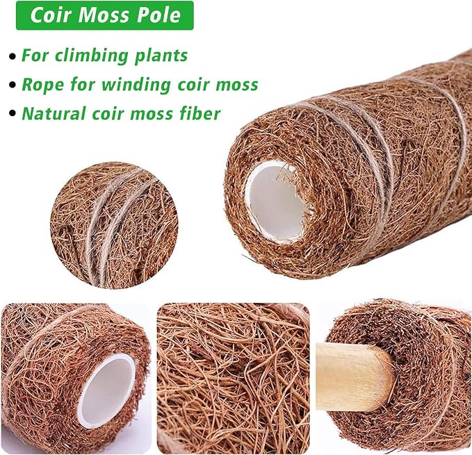 YEAJON 4 Pcs 15.7 Inch Coir Moss Totem Pole Monstera Plant Support with 2 Pcs 32.8ft Jute Rope, Plant Stakes for Indoor Plants Climbing, Support Extension(4 Packs 15.7 Inch)