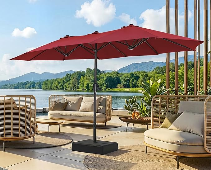 SUPERJARE 13FT Outdoor Patio Umbrella with Base Included, Double Sided Pool Umbrellas with Fade Resistant Canopy, Large Table Umbrella for Deck, Market, Backyard - Burgundy