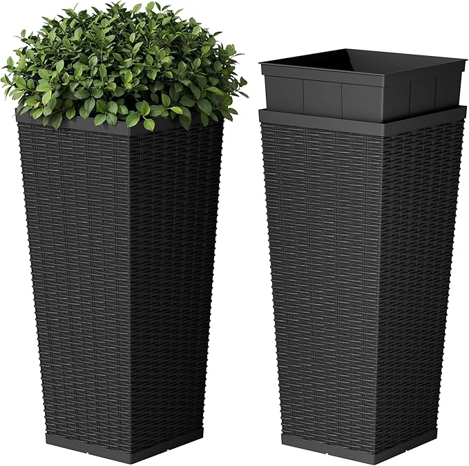 Devoko Resin Tall Planters for Outdoor Plants Set of 2, Large Taper Outdoor Planter Pots with 4 Drainage Holes, Flower Pots Modern Decor for Porch, Patio, Backyard, Home Garden (Black, 30'')