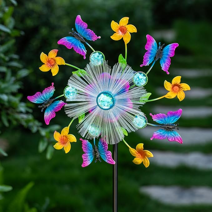 44" Butterfly Wind Spinners Garden Stake, Solar Flower Butterfly Wind Sculpture Yard Art Decorations for Lawn, Patio & Yard & Garden Decor, Metal Whirligigs Wind Spinners Outdoor Decor