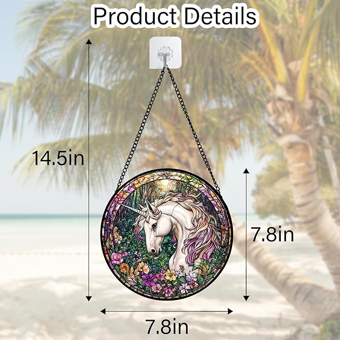 DASTOLL Stained Glass Window Hanging, Unicorn Flowers Suncatcher for Doors Home Sun Catchers Decoration and Christmas, Mother's Day Birthday Gifts for Women, Men, and Mom 7.8 in