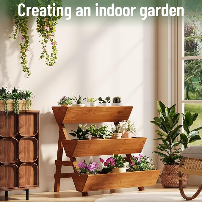 Vertical Wooden Raised Garden Bed, Garden Planters Freestanding Wood Plant Stand Flower Rack Wooden Planter Box for Plants Herbs Flowers Vegetables Outdoor Indoor Gardening (3-Tier Large Brown)