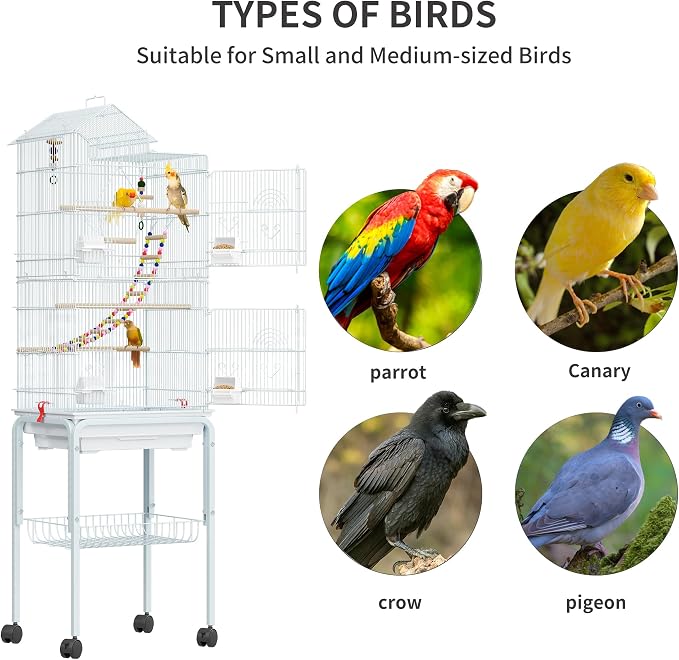 YITAHOME 62 inch Metal Bird Cage, Large Parakeet Cages | Bird Cage for Parrot, Cockatiel, Lovebird, Pigeon with Roof Top, Rolling Stand and Hanging Accessories, White