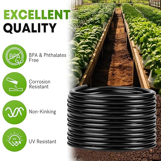 Snowtaros 50FT 1/2" Drip Irrigation Tubing with 4 Packs 4-Way Quick Coupler, Push-to-Connect Fittings for Garden Watering System, for Raised Beds, Garden, Greenhouse, Lawn