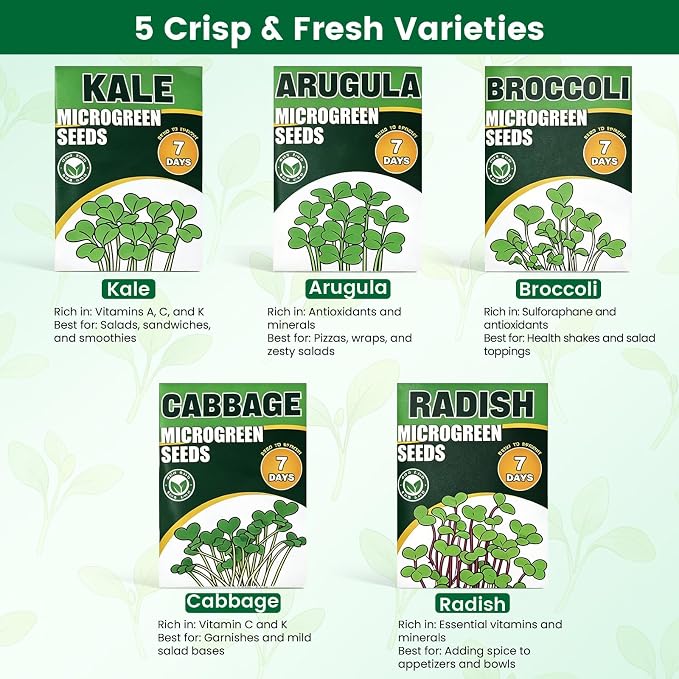 Microgreens Growing Kit Indoor Garden - Complete Micro Greens Growing Kits with 5 Seed Packs - Grow Broccoli, Arugula, Kale, Cabbage, Radish with Waterproof Trays - Grow Microgreens Indoor for Health