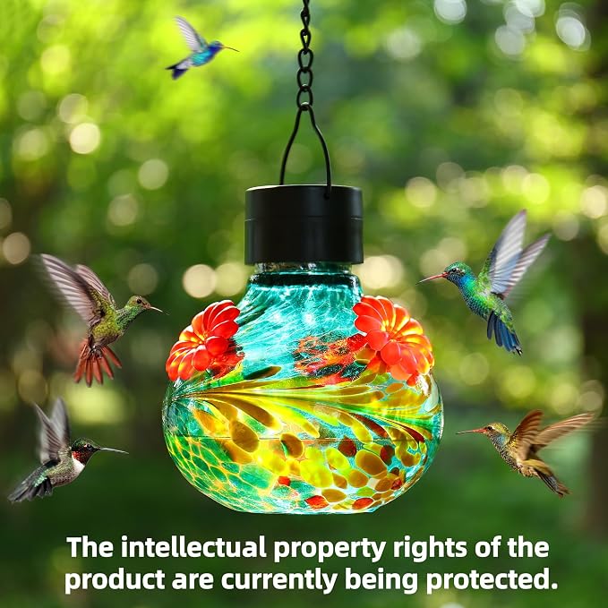 SAVENNA Hand Blown Glass Solar Hummingbird Feeder with Soft Night Light,17oz Leak-Proof Decorative Feeder for Outdoor Garden Patio Yard–Teal & Yellow Phoenix Swirl