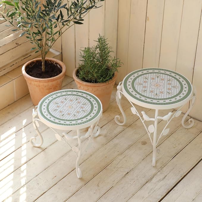 Set of 2 Plant Stand for Indoor Outdoor, Heavy Duty Cast Iron with 10" Ceramic Tile Top Plant Table, Tall Vintage Decorative Plant Rack, Mosaic Flower Pot Holder for Home Garden Porch Yard Patio