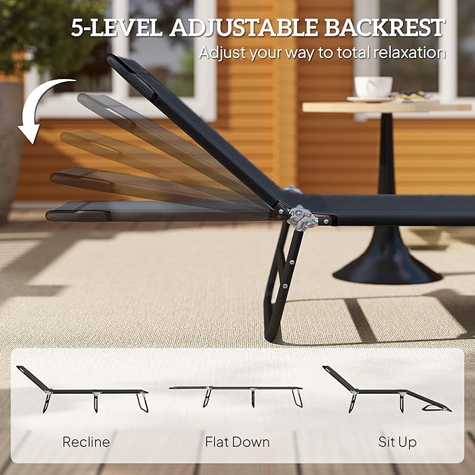 Outsunny Folding Chaise Lounge Pool Chairs, Outdoor Sun Tanning Chairs with 5-Level Reclining Back, Steel Frame for Beach, Yard, Patio, Black