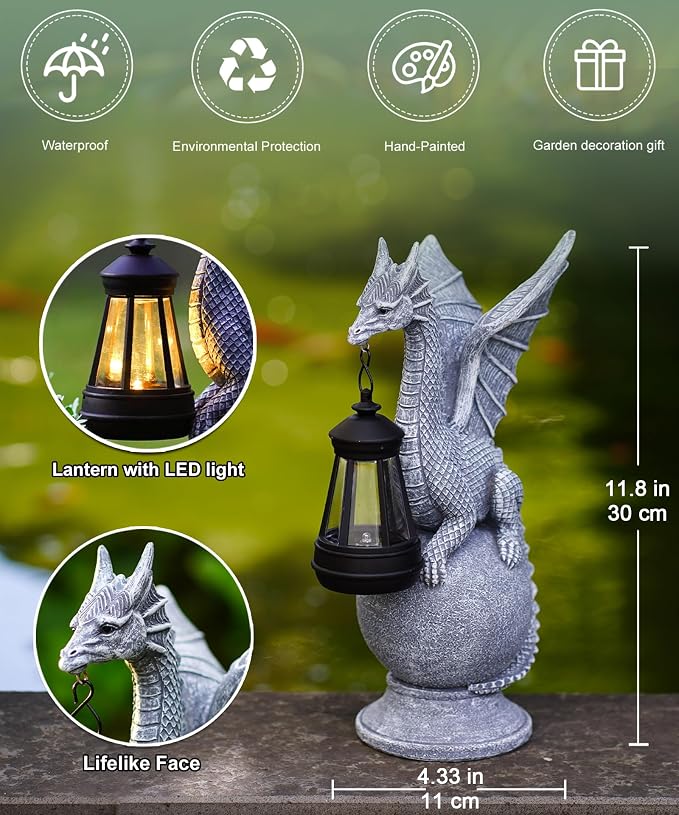 Solar Garden Dragon Statue: Outdoor Figurine with Lantern Lights | Weatherproof Resin Decorations, Home Yard Lawn Porch Balcony Patio Decor,Birthday Gifts for Mom Women Grandma