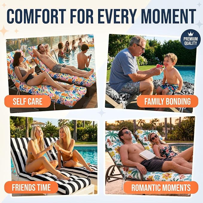 MAGIC ELEPHANT Chaise Lounge Cushion Outdoor, Memory Foam Patio Lounge Chair Cushion with Ties for Indoor Outdoor Furniture, Water-Repellent Replacement Long Chair Cushion (Black Stripe)