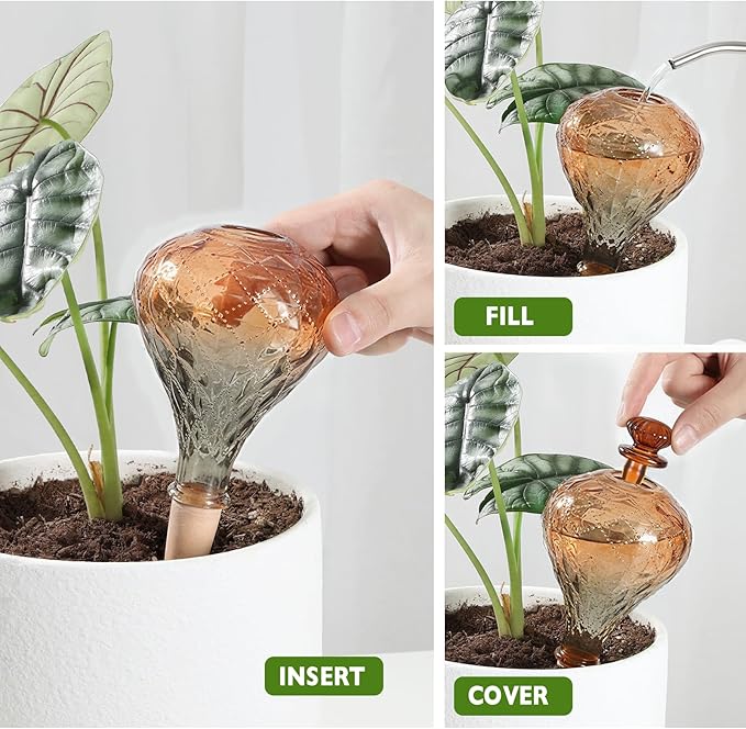 12 oz Plant Watering Globes, Red Glass Self Watering Bulbs Top Fill with Terracotta Spikes Stake, Self Watering Planter Insert Vacation Automatic Plant Waterer Device for Indoor & Outdoor 2Pack