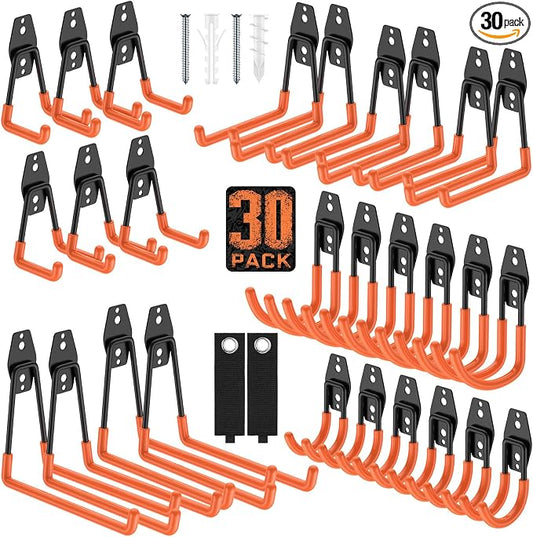 Heavy Duty Wall Mount Garage Hooks, 30-Pack | Hanging Storage for Bikes, Ladders, Hoses, Ropes, Garden Tools - For Warehouse, Workshop, Shed, Shop, Yard