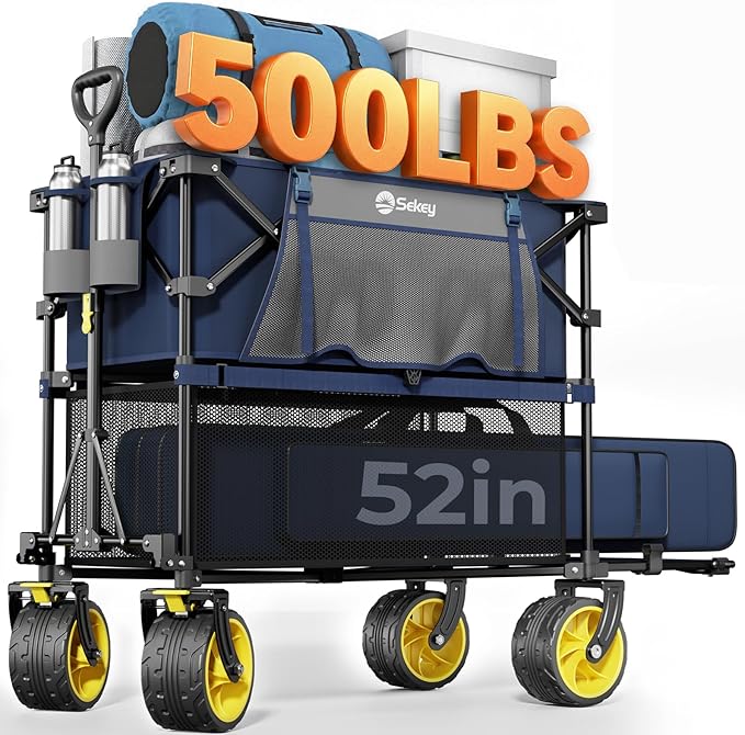Sekey 500LBS Heavy Duty Double Decker Wagon with Extender, 400L Large Capacity Collapsible Garden Cart Fits 10x10 Canopy, All-Terrain Big Wheels with Brakes, Foldable Utility Wagon for Sports, Camping