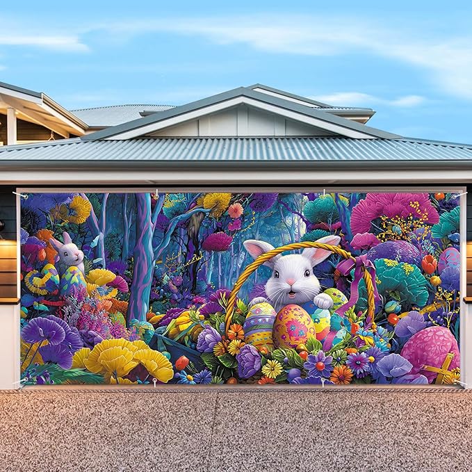 6 * 13FT Easter Bunny Garage Door Cover Decorations Easter Garage Door Banner for Outdoor Indoor Easter Party Photography Backdrop