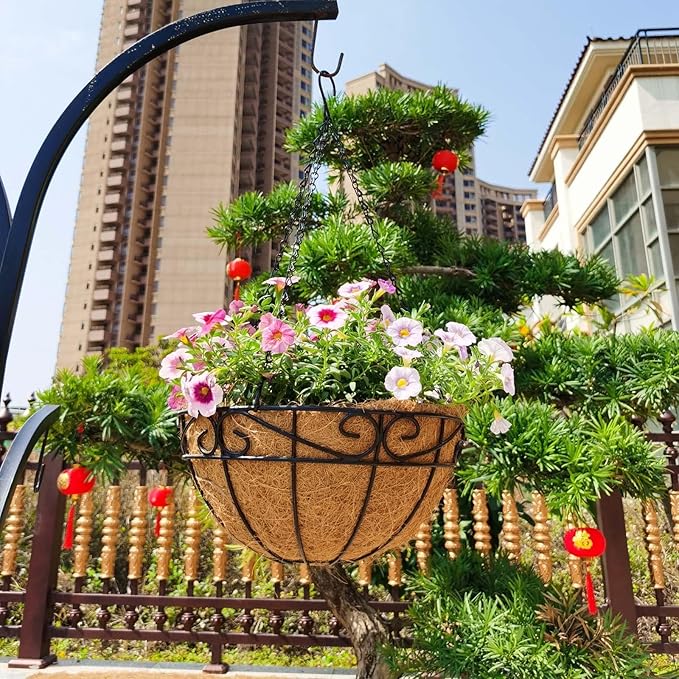 EIMQUVW Outdoor Metal Hanging Planters Basket (4pack, 14 inch) Hanging Baskets for Plants Chain Round Wire Plant Holder with Coco Fiber Liners for Garden, Patio, Deck, Porch(Flower Border)