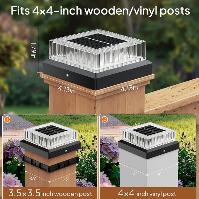 4x4 Solar Post Cap Lights: 8 Pack Fence Post Lights Outdoor 3000K with Clear Lampshade, IP65 Waterproof 10-12H Lasting and Easy Install for Backyard Deck Patio
